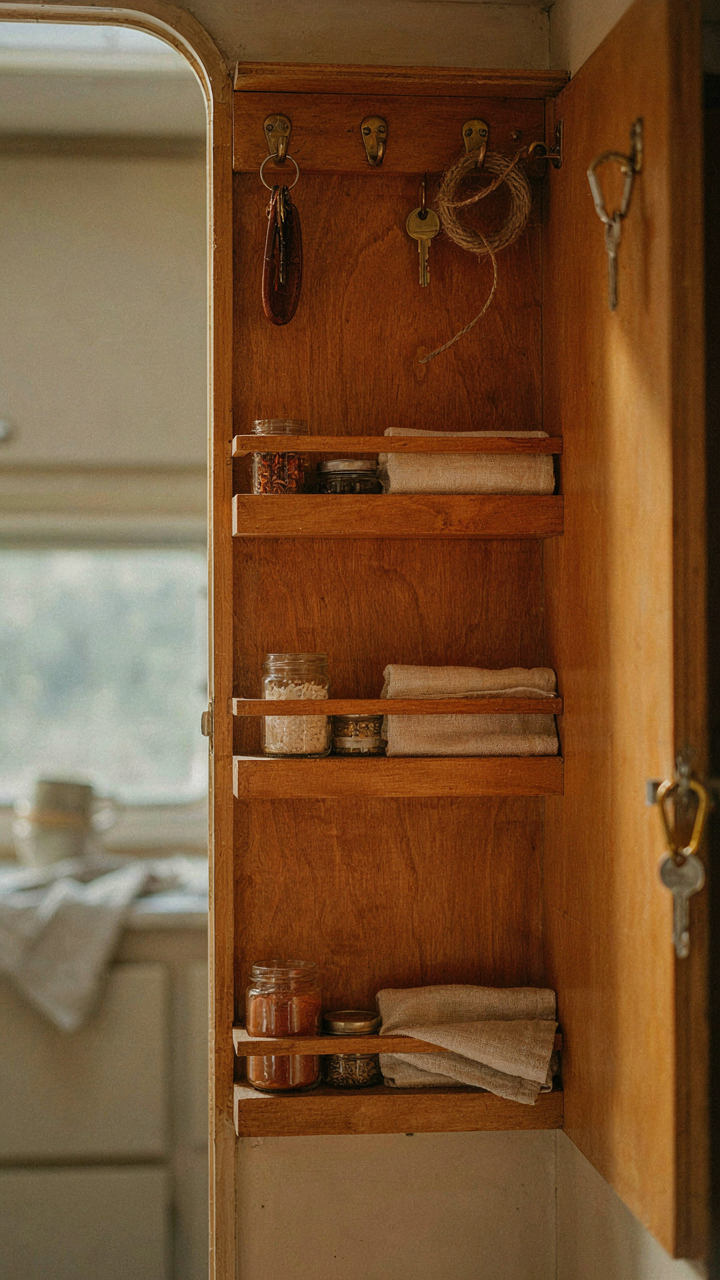 A camper trailer cabinet door interior with small shelves and hooks.