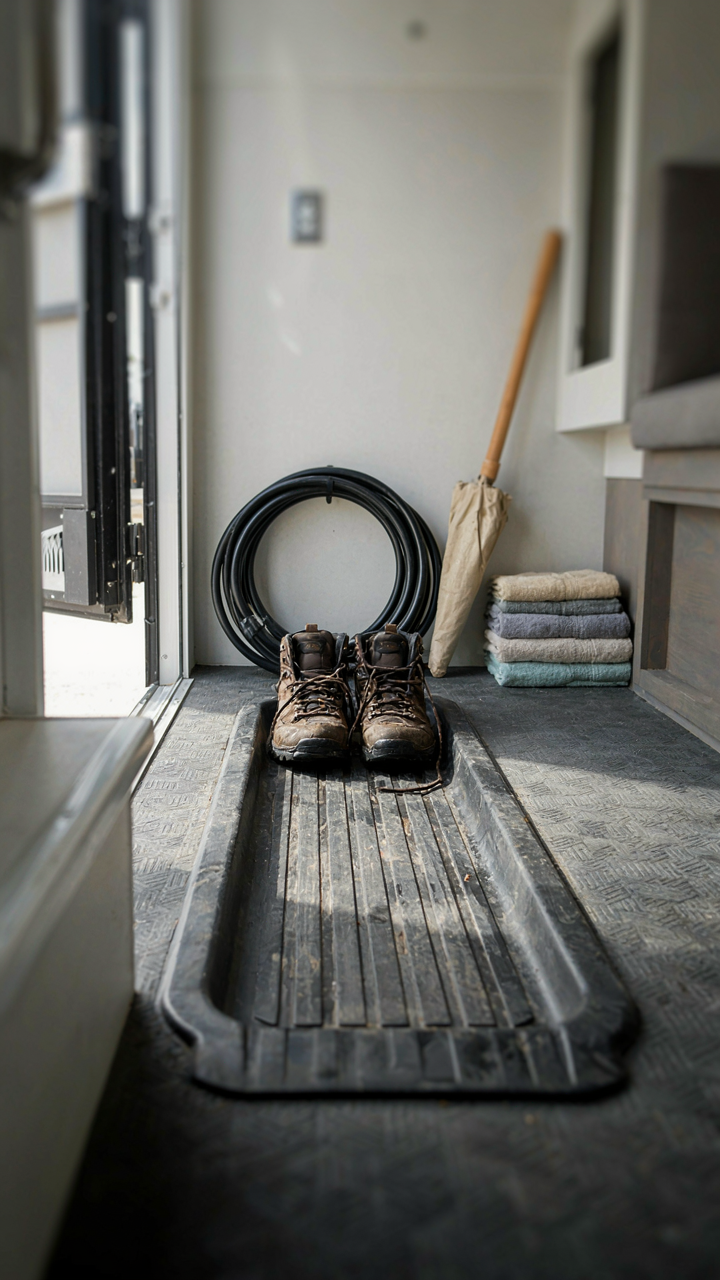A functional RV entryway with durable flooring and a boot tray.