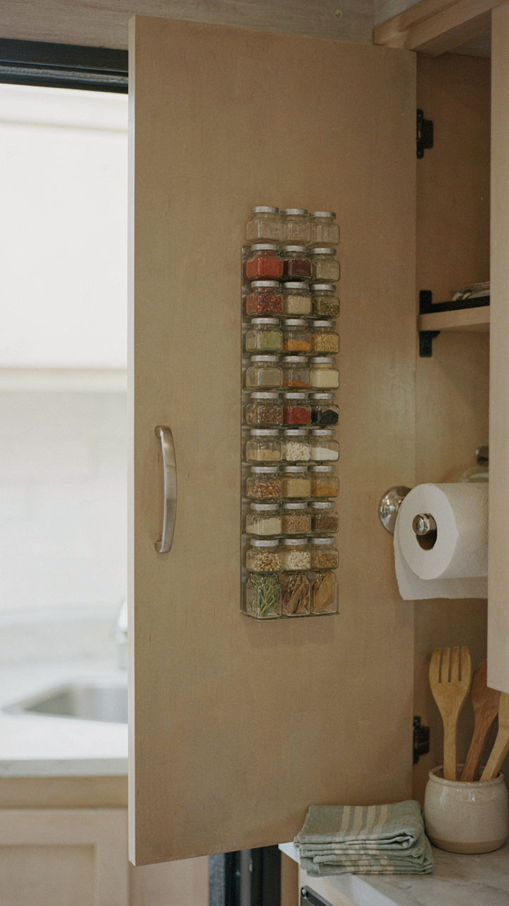 A spice rack and paper towel holder on an RV cabinet door.