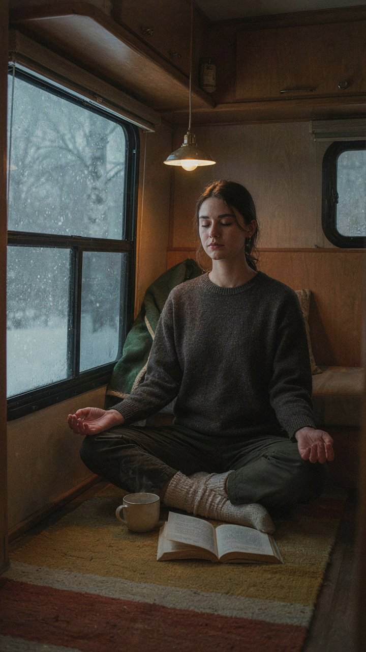 A person meditates peacefully inside a compact RV during a snowstorm.