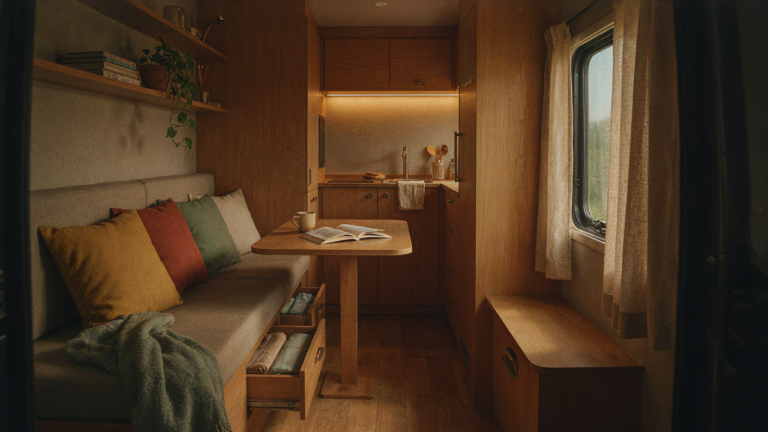 A warm and inviting truck camper interior with smart storage and a small couch.