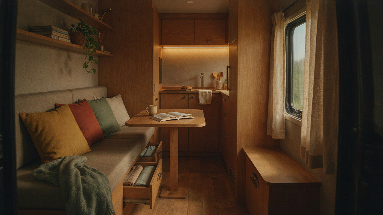 A warm and inviting truck camper interior with smart storage and a small couch.