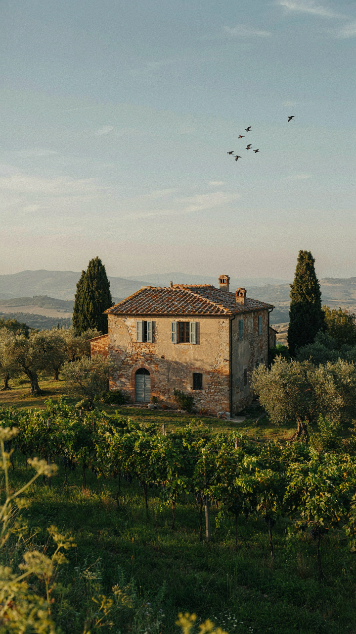 An old stone farmhouse in the Tuscan countryside is surrounded by olive trees and grapevines.