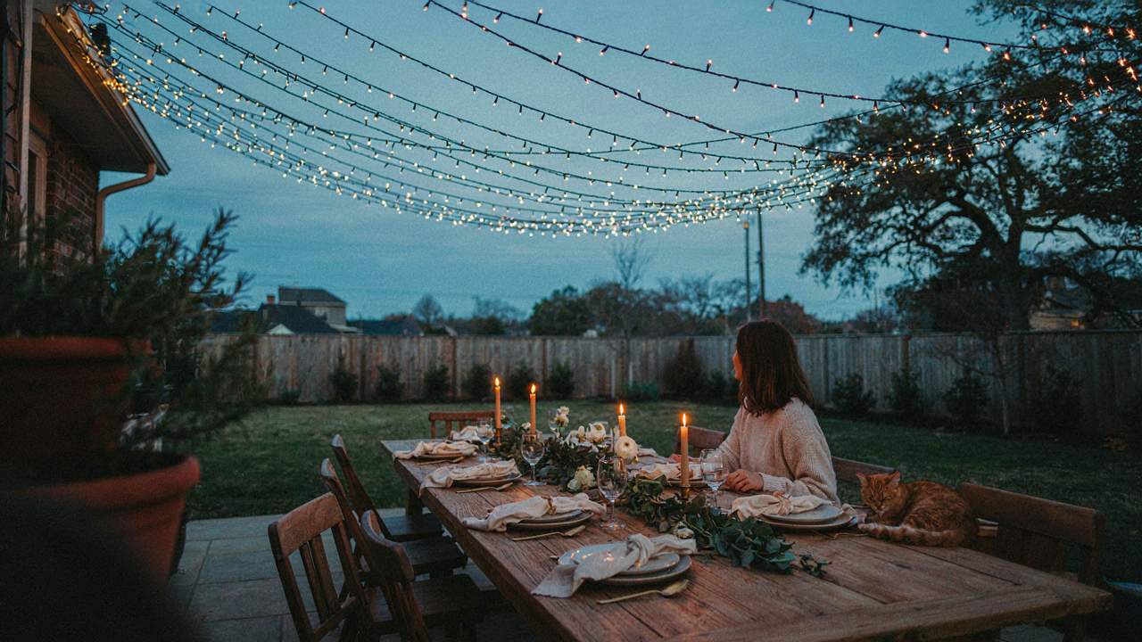 A beautiful twinkle light canopy glows over a backyard patio at dusk.