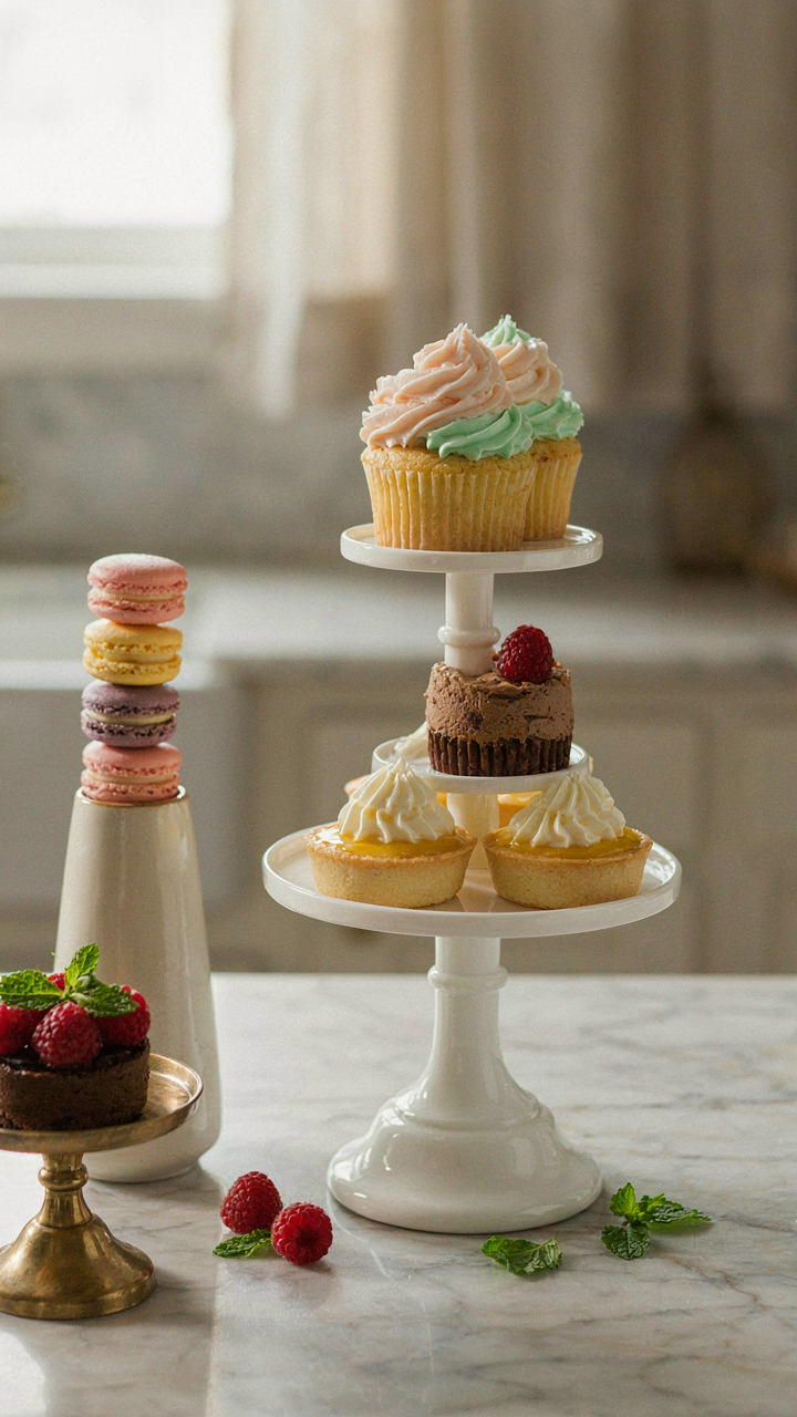 Small desserts displayed on various elevated stands for visual interest.