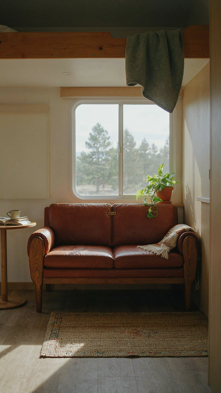 An RV interior with a unique, custom-built couch with artistic details.