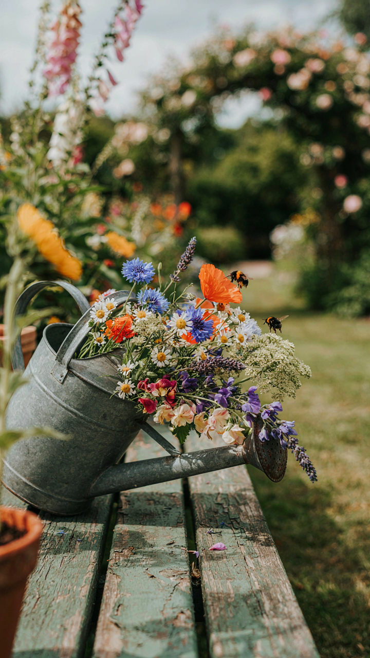 Wildflowers are arranged in an old watering can on a garden bench.