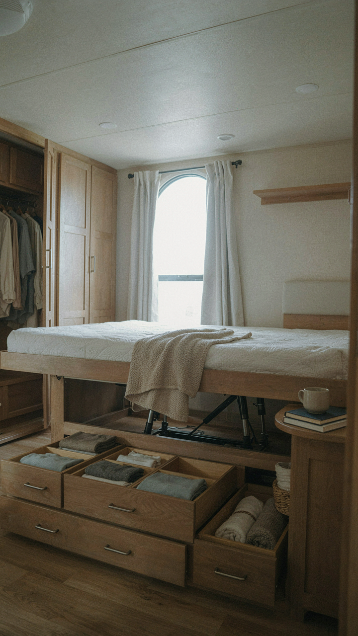 A lifted RV bed frame shows hidden clothes storage drawers.