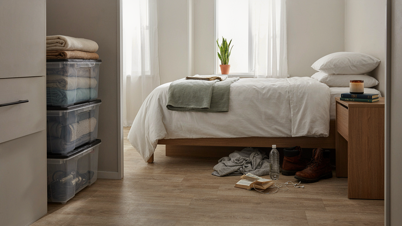 A well-organized under bed RV storage space beside some loose clutter.