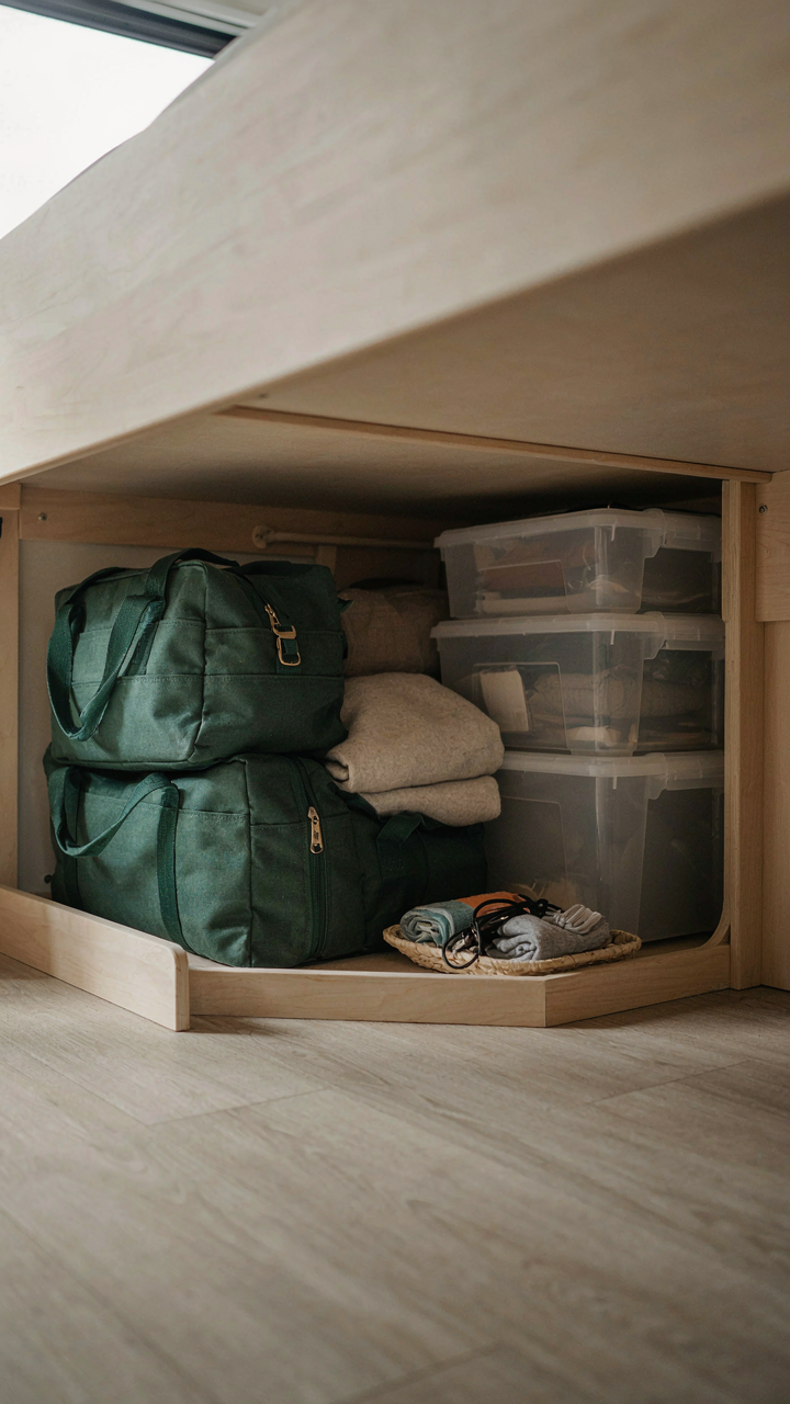 Durable storage bags and bins are stacked neatly in under bed RV storage.