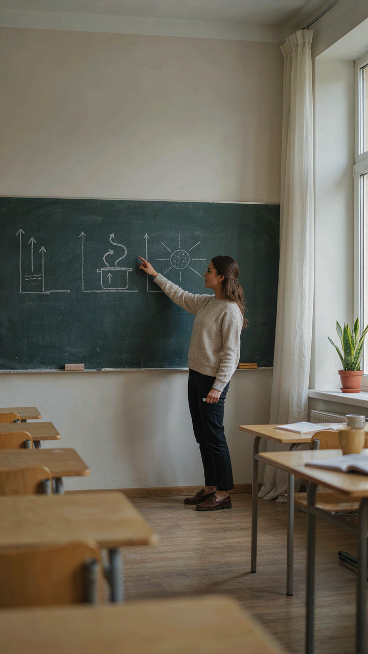 A person points at diagrams of heat transfer on a chalkboard.