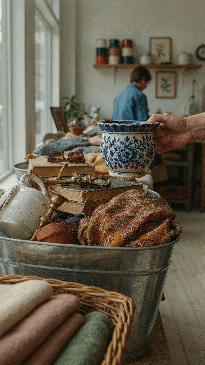 A hand pulls a ceramic planter from a full thrift store bin.