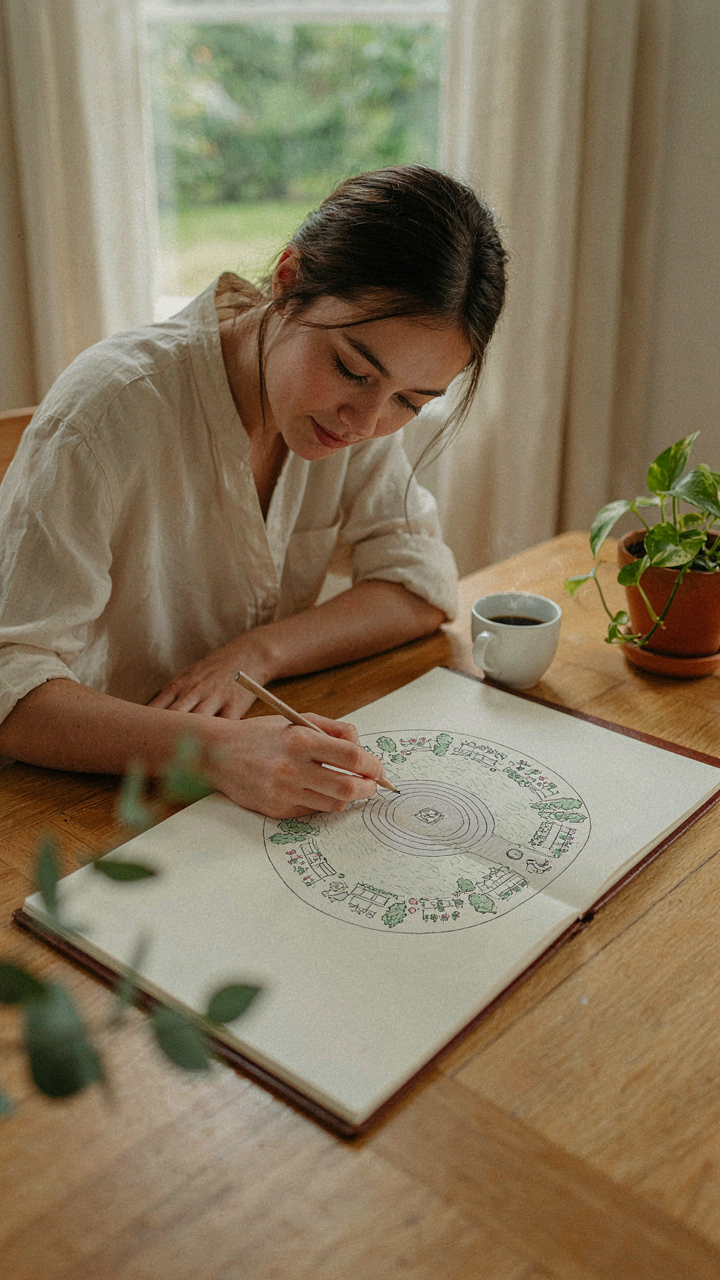 A person sketches a simple, elegant garden party layout with decorations.