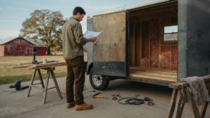 A utility trailer camper conversion in progress, with tools and blueprints.