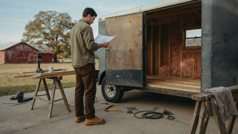 A utility trailer camper conversion in progress, with tools and blueprints.