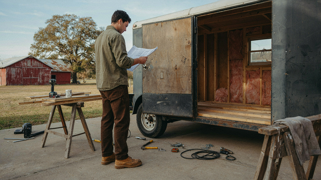 A utility trailer camper conversion in progress, with tools and blueprints.