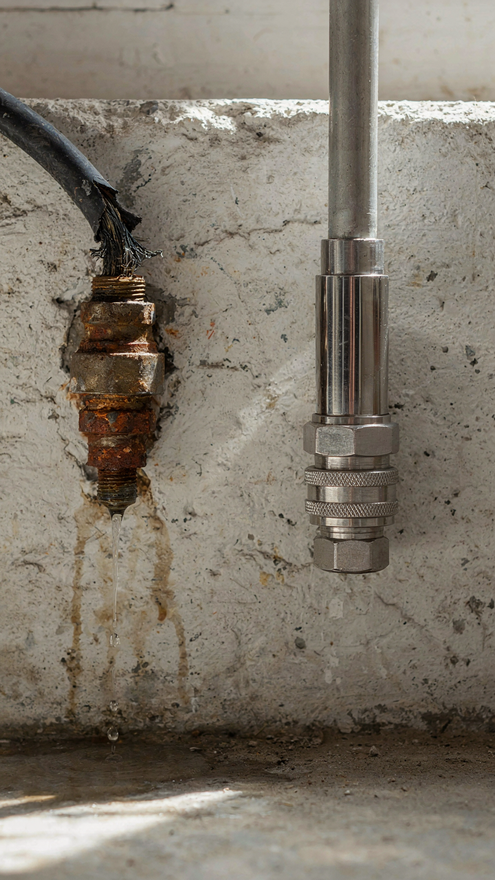 A rusty, cheap hose connection leaking next to a high-quality stainless steel fitting.