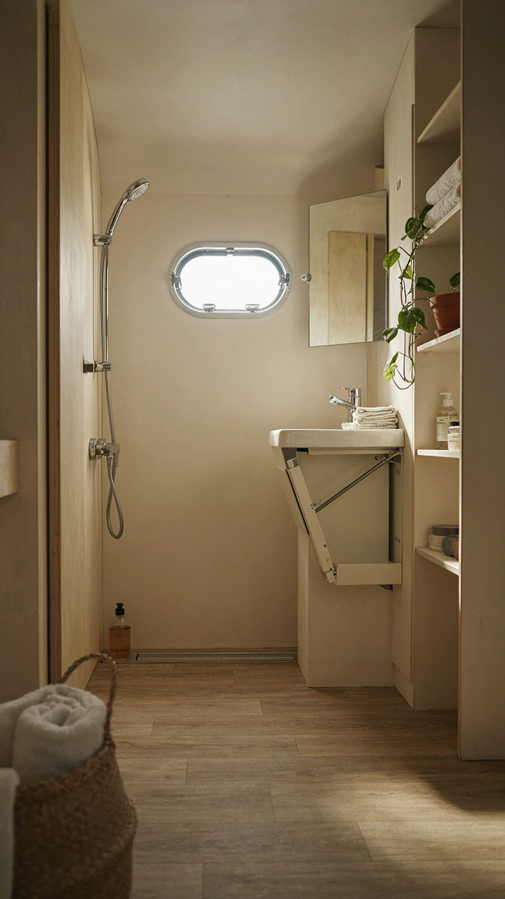A cleverly designed, compact van life bathroom with vertical storage and a folding sink.