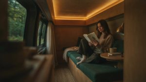 A warm, inviting van interior featuring wood panel van ceiling ideas with soft lighting.