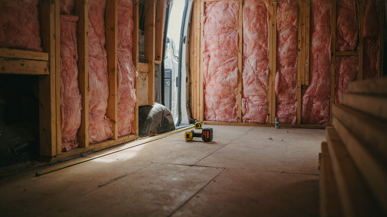 A partially built van conversion interior with exposed insulation and wooden framing.