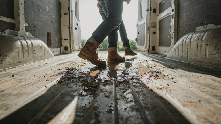A person in work boots steps into mud and water on a metal van floor.