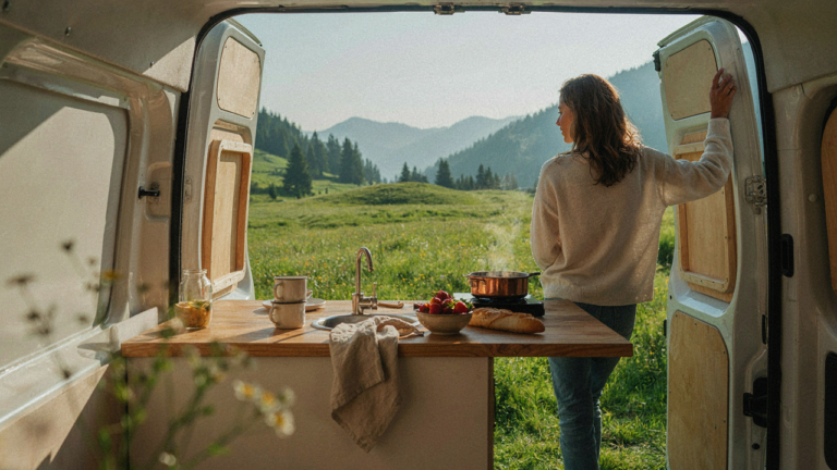 A sleek van kitchen setup inside a camper van, open to a beautiful outdoor landscape.