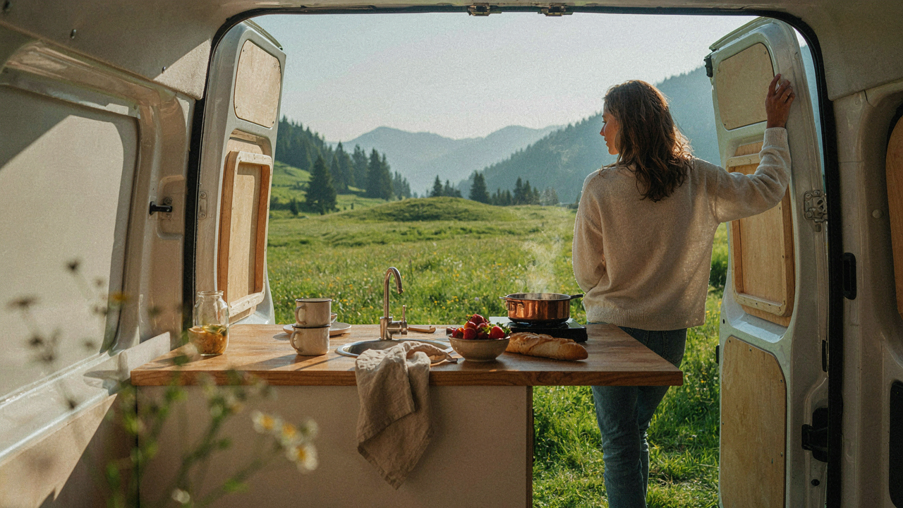 A sleek van kitchen setup inside a camper van, open to a beautiful outdoor landscape.