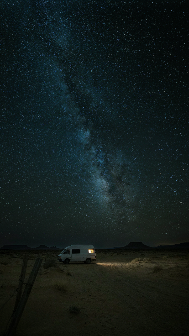 A lone van parked on a dirt road in a vast, empty desert at night.