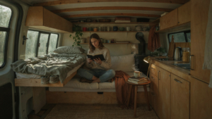 A cozy, functional van interior with natural wood and warm lighting, showcasing organized van life