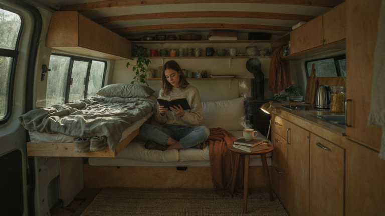 A cozy, functional van interior with natural wood and warm lighting, showcasing organized van life