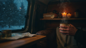 A person enjoys a warm drink inside a cozy van life setup on a cold night.
