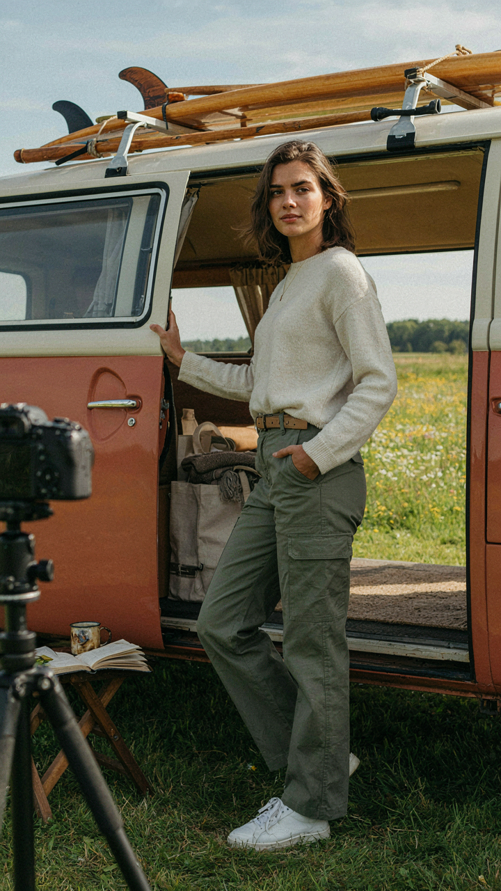 A person poses for a picture in front of a perfectly styled van.