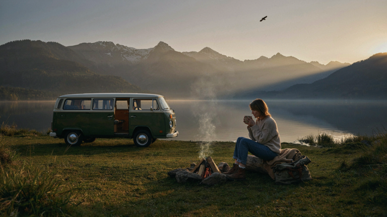 A vintage camper van by a lake at sunrise with a person by a campfire.