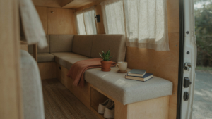 A well-organized van interior with clever storage for van life.