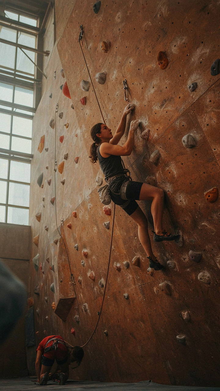 A person climbs a tall rock wall inside a gym.