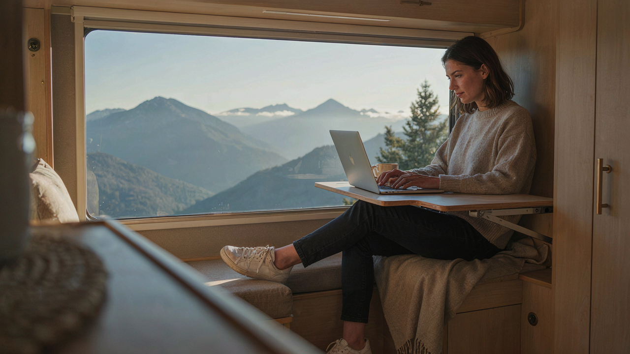 A person works on a laptop in a minimalist van life workspace inside a camper van.