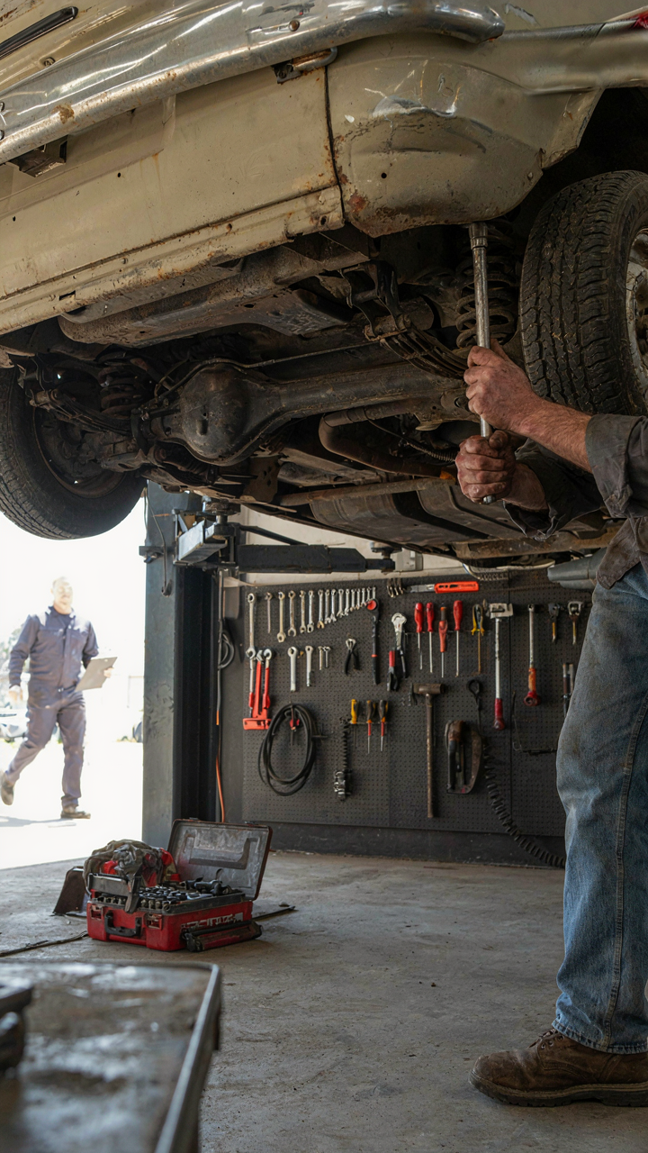 A mechanic's hands inspect the undercarriage of a van on a lift.