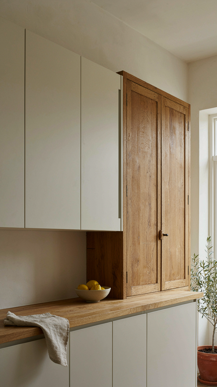 Perfectly flush kitchen cabinets stand next to a rustic, handmade cabinet.