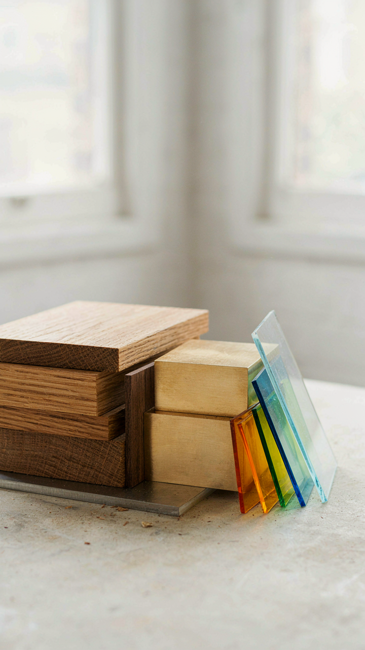 Various materials such as wood, metal, and plastic are stacked on a workbench.