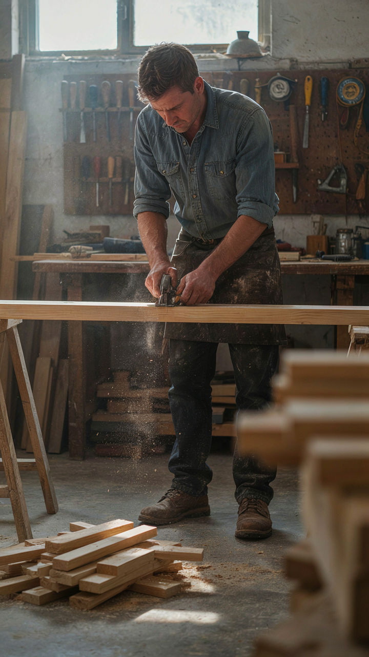 A carpenter precisely cuts wood, creating minimal waste.