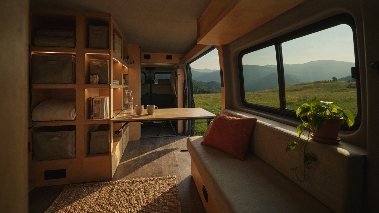 A beautiful and organized camper van interior with clever storage solutions visible throughout.