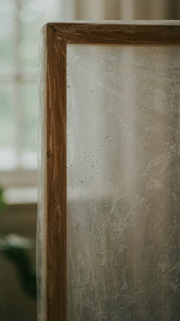 Condensation collects on a clear plastic sheet covering wood.