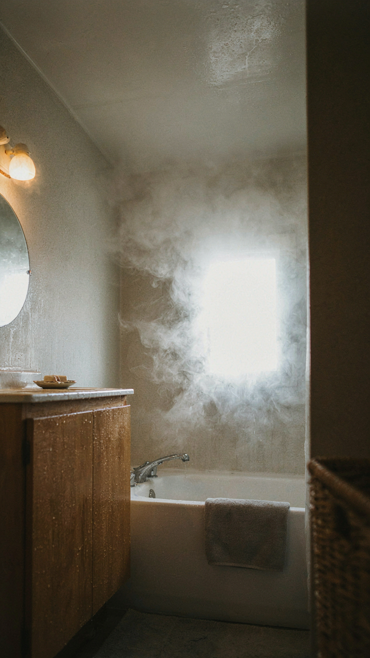 Steam and condensation fill a small, poorly ventilated bathroom, clinging to surfaces.