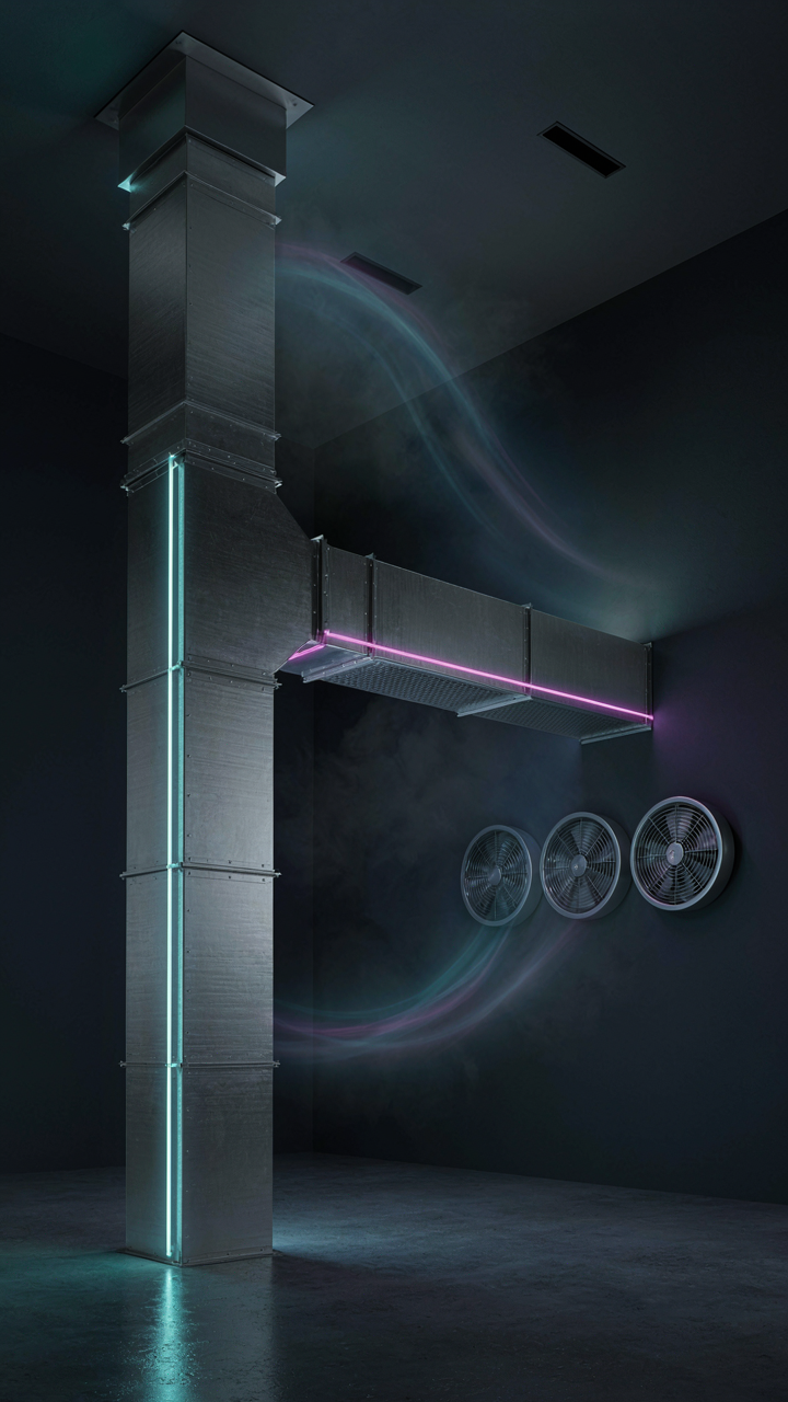 A sophisticated ventilation system with fans circulates air in an enclosed space.