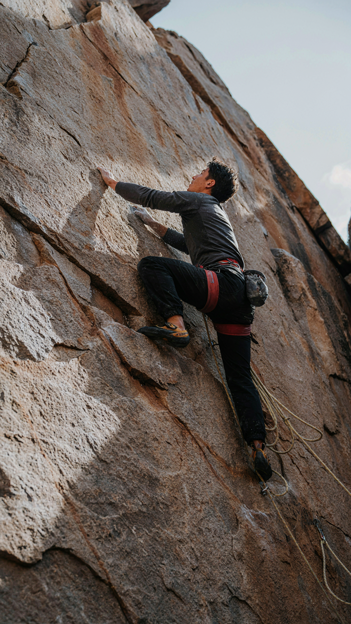 A rock climber scales a tall, vertical rock wall.