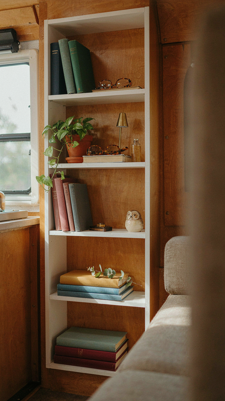 A tall, narrow bookshelf built into an RV wall.