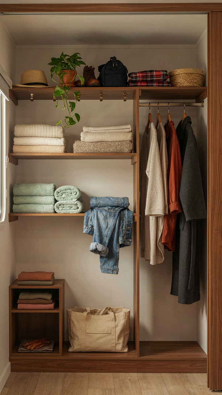 A cleverly designed RV closet uses vertical space well.