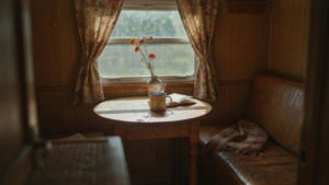 A vintage camper interior showing floral curtains and sunlight coming through the window.