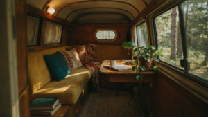A cozy vintage camper interior with warm light and comfortable seating.