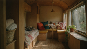 A refurbished vintage camper interior with warm wood and colorful accents.